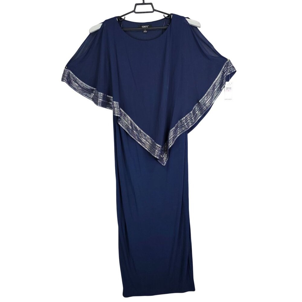 Womens Ignite Evenings Navy Blue Cape Overlay Maxi Dress With Metallic Trim 10